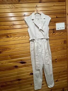 Anthropologie Cream Sleeveless Tie-Waist Utility Jumpsuit